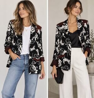 Le Streghe Black & White Floral Print Blazer, Brown Colorblock Trim, Size M